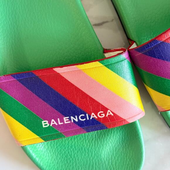 Balenciaga Rainbow Slides Flat Slip On Slippers Casual Sandals Green Size 37 - Picture 5 of 6